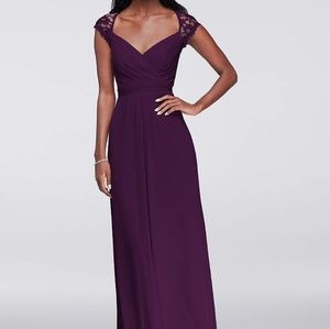 David's Bridal long mesh cap sleeve dress